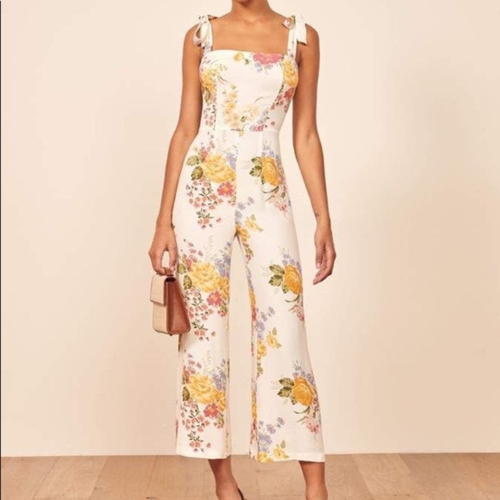 Reformation Floral Tie-Shoulder Jumpsuit in Cream with Yellow & Pink Roses